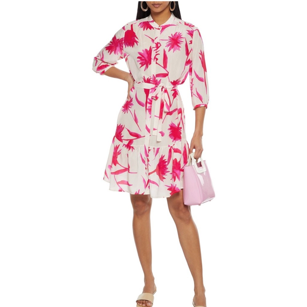 SALONI Tyra Belted Printed Silk Crepe de Chine Mini Dress